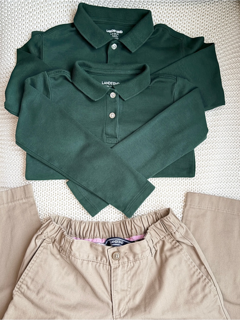 Lands' End 3pc School Uniforms Dark Green Long-Sleeve Polo Shirts + Khaki Pants